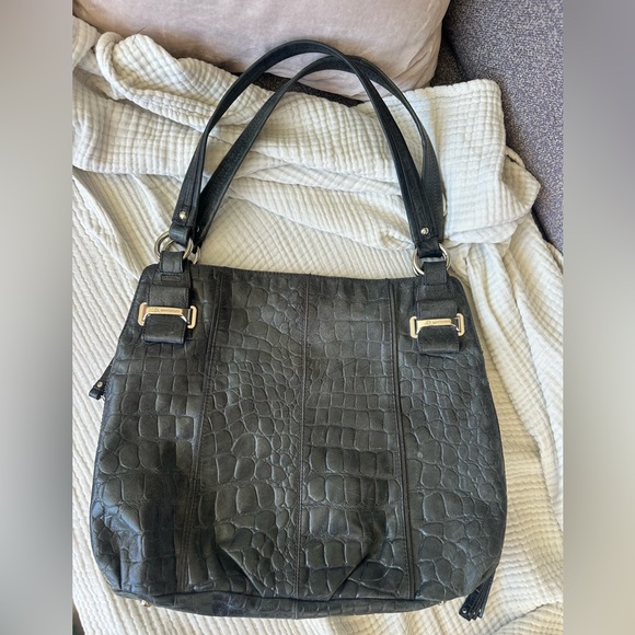 B. Makowsky Large Black Leather Shoulder Bag with Leopard Interior 17” x 14” - Picture 1 of 13